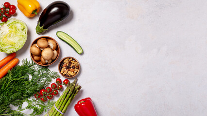 Food banner background with vegan products, vegan food on table, top view , veganuary concept - obrazy, fototapety, plakaty
