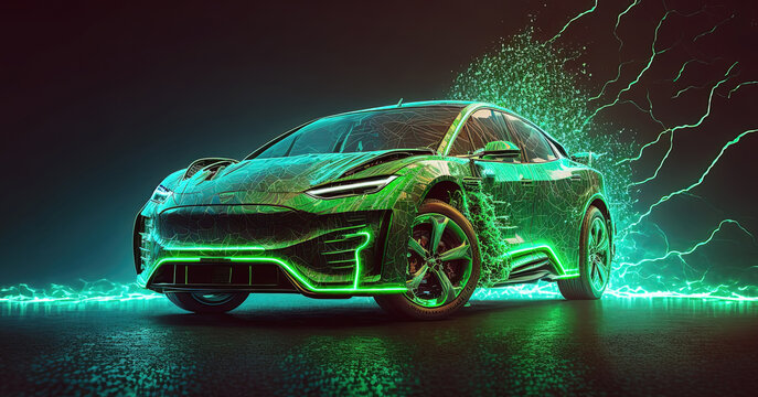 Futuristic green electric car study at studio scene with green lightnings around. Postproducted generative AI digital illustration of non existing car model.
