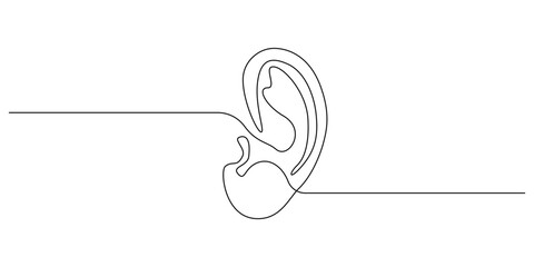 One continuous line drawing of human ear. Icon Symbol of hear health and sensory aid in simple linear style. Mascot concept for world deaf day editable stroke. Doodle vector illustration - obrazy, fototapety, plakaty