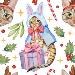 Watercolor hand-painted Christmas seamless pattern. New Years`pattern with holiday cats, presents, candy cane, holly and mistletoe branches, berries, and stars on a transparent background.