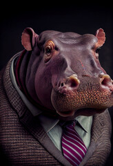 Hippopotamus Wearing Tweed Jacket and Tie. generative ai