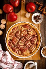 Apple pie. Tart with apples, cinnamon and walnuts. Top view