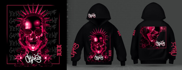 Modern luxury collection of acid print. Metal black and magenta skull with techno style, rave music neon 3d realistic.Technology future plaster heads.Front and back design. Graffiti hoodie - obrazy, fototapety, plakaty