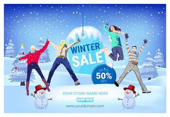 Winter sale backgrounds for social media stories. Colorful winter banners with falling snowflakes, snowy trees. Wintry scenes . Use for event invitation, discount voucher, ad. Vector eps 10