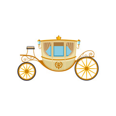Gold vintage cart for queen or king vector illustration. Drawing of retro carriage for princess or royals without horses on white background. Antique, transportation, history concept © SurfupVector