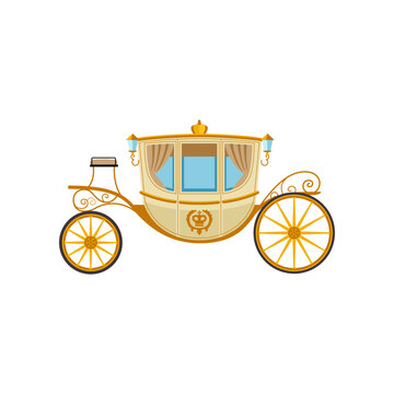 Gold vintage cart for queen or king vector illustration. Drawing of retro carriage for princess or royals without horses on white background. Antique, transportation, history concept