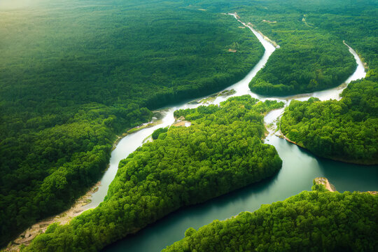 Lush rainforest and rivers in summer, rainforest covered by green trees, beautiful tropical vista landscape, similar to Amazon rainforest, Congo, Southeast Asia, and other regions, generate ai.