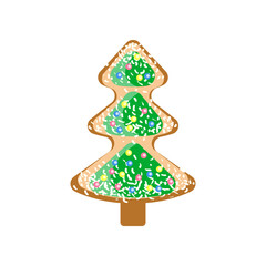 Gingerbread in form of Christmas tree cartoon illustration. Sweet fairy tale gingerbread tree isolated on white background. Fantasy, elements for computer game concept