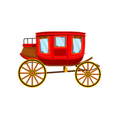 Red vintage carriage for royals vector illustration. Cartoon drawing of retro cart for princess, king or Cinderella without horses on white background. Antique, transportation, history concept
