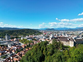  Ljubljana casttle  city in Slovenia drone aerial view .