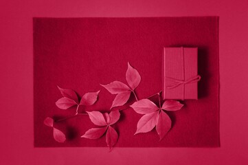 Red gift box on on a felt background in Viva Magenta color, color of the year. Romantic gift for Valentine's day.  Top view with place for text. Flat lay, Autumn leaves