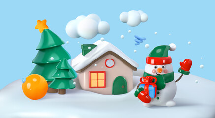 A snowman with a gift waves his hand near the house in winter. Vector illustration © Olesia