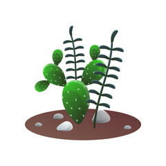 Green cactus with long succulents growing in ground of pot. Vector illustration of tropical house plants for interior decor. Cartoon cacti for indoor home garden isolated on white. Terrarium, nature
