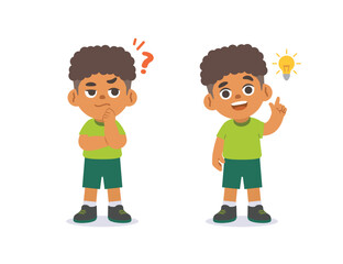 The black boy V.2 was confused, wondered, had a problem, and tried to answer and The girl figured out the answer to the problem. illustration cartoon character vector design on white background.