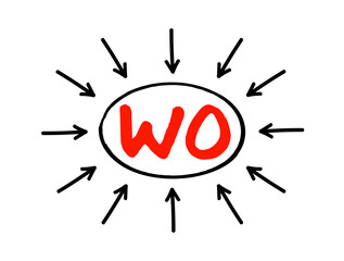 WO Work Order - usually a task for a customer, that can be scheduled or assigned to someone, acronym text concept with arrows