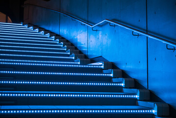 Illuminated blue staircase at night in Odaiba, Tokyo, Japan　青色の光に照らされた階段　東京・お台場