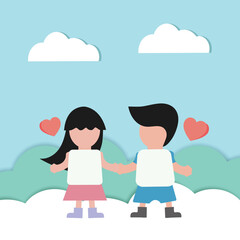 Vector Joyful lovely big head cartoon couple in love hold hand together with red heart on sky cloud. Valentine day banner decoration love couple design for valentine love concept soulmate with heart.