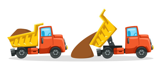 Dump trucks pile of sand or dirt vector illustrations set. Cartoon drawings of heavy machinery, tipper trucks isolated on white background. Construction, transportation, industry concept