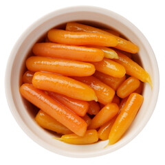 Boiled canned carrots in a bowl isolated on white background. View from above