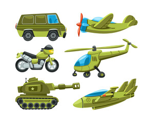 Different military transport vector illustrations set. Collection of cartoon drawings of plane, helicopter, car, motorcycle, tank, jet on white background. Transportation, conflict, army concept