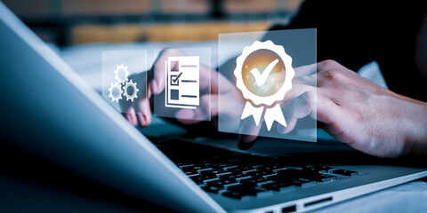 Certification and standardization process, iso certified business, conformity to international standards and quality assurance concept. Person touching certificate icon...