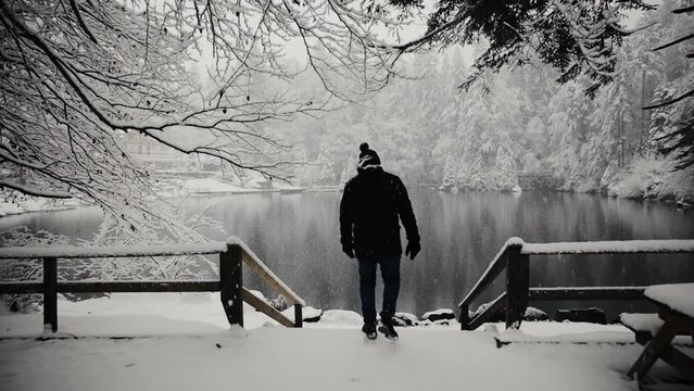 Epic shot of a lonely man walking towards partly frozen, mountain lake of Switzerland. Blausee in winter during snowfall. Male tourist wearing warm cloth. Steadicam shot
