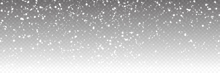 Falling snowflakes on transparent background. Vector heavy snowfall. White snowflakes flying in the air. Snow blizzard