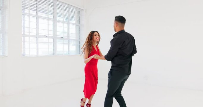 Couple, bonding and ballroom dancing in studio, performance practice or salsa learning class. Smile, happy or dancer man and woman in samba, tango or latin energy routine on dance floor with teacher