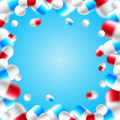 Pills background with blue, red, white capsules for medical and science purposes