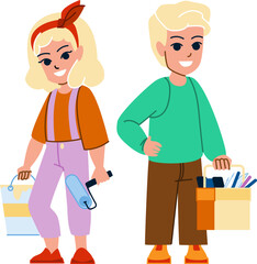 Obraz premium builder kid vector. boy girl child, worker construction, engineer helmet, profession job, little work builder kid character. people flat cartoon illustration