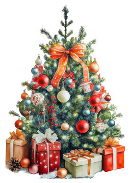 Watercolor Christmas tree decorated with balls, ribbon and gifts. PNG with transparent background.