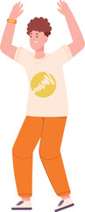 Happy active young man character with lifted hands