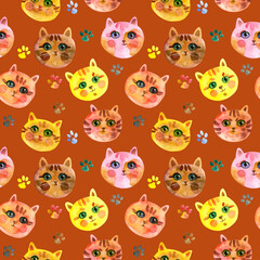 Cats on a dark ogange background. Cute Cat muzzle. Watercolour hand drawn illustration. For fabric, sketchbook, wallpaper, wrapping paper.