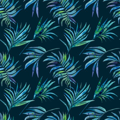 Naklejka na ściany i meble Watercolour blue green tropical palm leaves illustration seamless pattern. On dark blue green background. Hand-painted. Floral elements, jungle leaves.