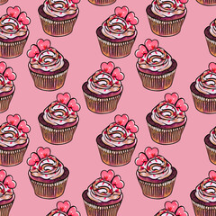 Seamless raster pattern of cupcakes with brown base and beige pink cream fillings and decorated with pink hearts on pink background. High quality illustration