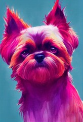 Funny adorable portrait headshot of cute doggy. Brussels Griffon dog breed puppy, standing facing front. Looking curious towards camera. Watercolor art illustration. Vertical artistic poster.