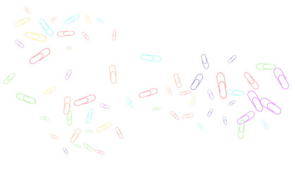 Paper clips are scattered on a white background. Decorative element. Background for design, school and office supplies