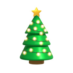 Merry Christmas and Happy New Year. Christmas realistic 3d design green fir tree, light garland. Vector