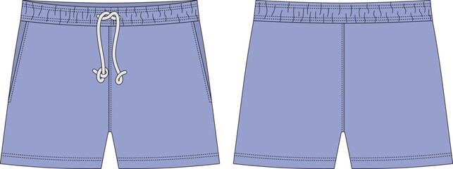 Blank shorts pants technical sketch design template. Cool blue color.