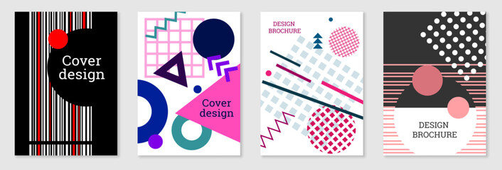 Set of cover design in Memphis style. Geometric design, abstract background. Fashionable bright cover, banner, poster, booklet. Creative colors.
