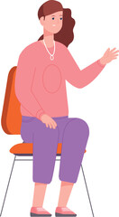 Woman sit on red chair. Waiting female character