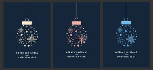 Merry Christmas and Happy New Year greeting card set. Christmas card with hanging ball. Vector illustration