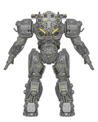 powered combat suit in a pose rear view