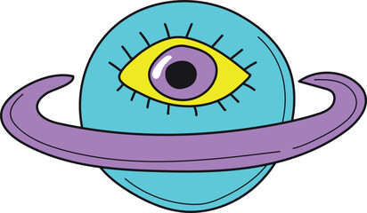 Psychedelic planet with eye. Retro pop art sticker