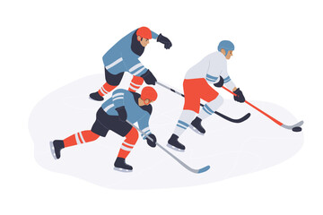 Fototapeta na wymiar Vector illustration of hockey male players characters. Winter sport activity. Young adult men in blue and red uniform. Professional ice-hockey player. The player leads the puck