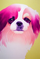 Funny adorable portrait headshot of cute doggy. Japanese Chin dog breed puppy, standing facing front. Looking curious towards camera. Watercolor art illustration. Vertical artistic poster.
