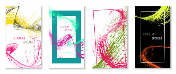 Drawn strokes, waves. Abstract cover. Set of 4 covers, vector.