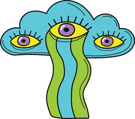 Neon psychedelic sticker. Esoteric cloud with eyes and rainbow