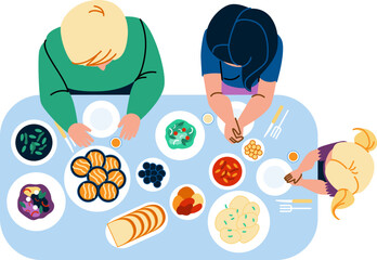 family dinner vector. food child, meal man, mother daughter, lunch father, fun parent, table home family dinner character. people flat cartoon illustration