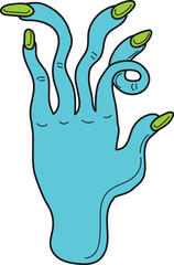 Zombie hand. Neon green sticker. Funny art